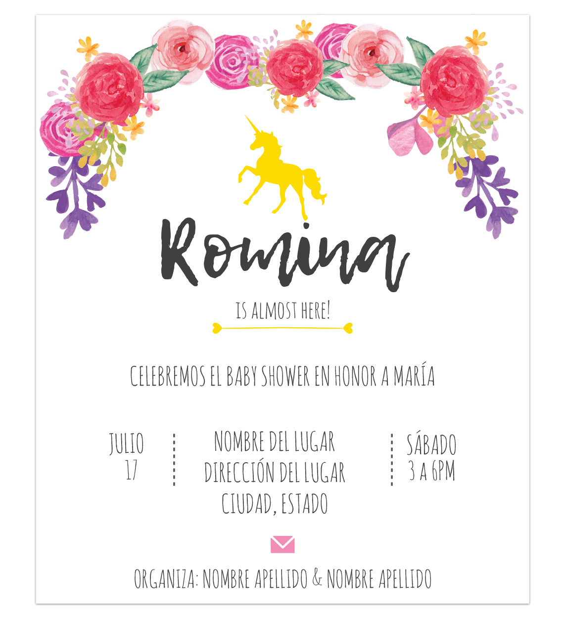 Invitación Baby Shower Unicornio flores - Oh Yupi Yei