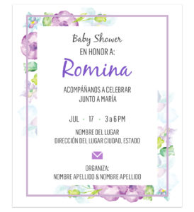 Invitación Baby Shower Flores Moradas