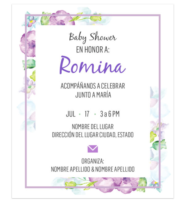 Invitación Baby Shower Flores Moradas