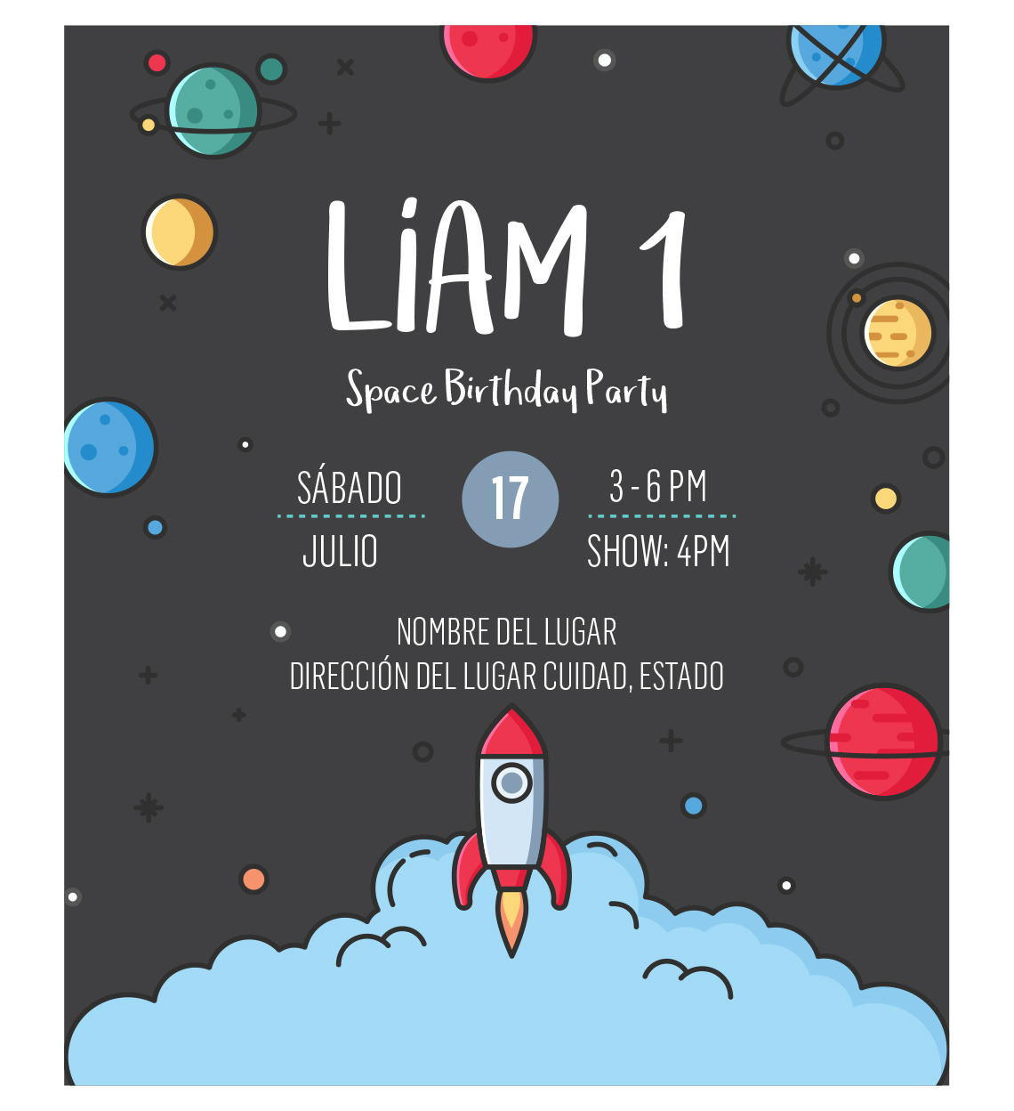 Invitación Cumpleaños Espacio, diseño digital personalizable