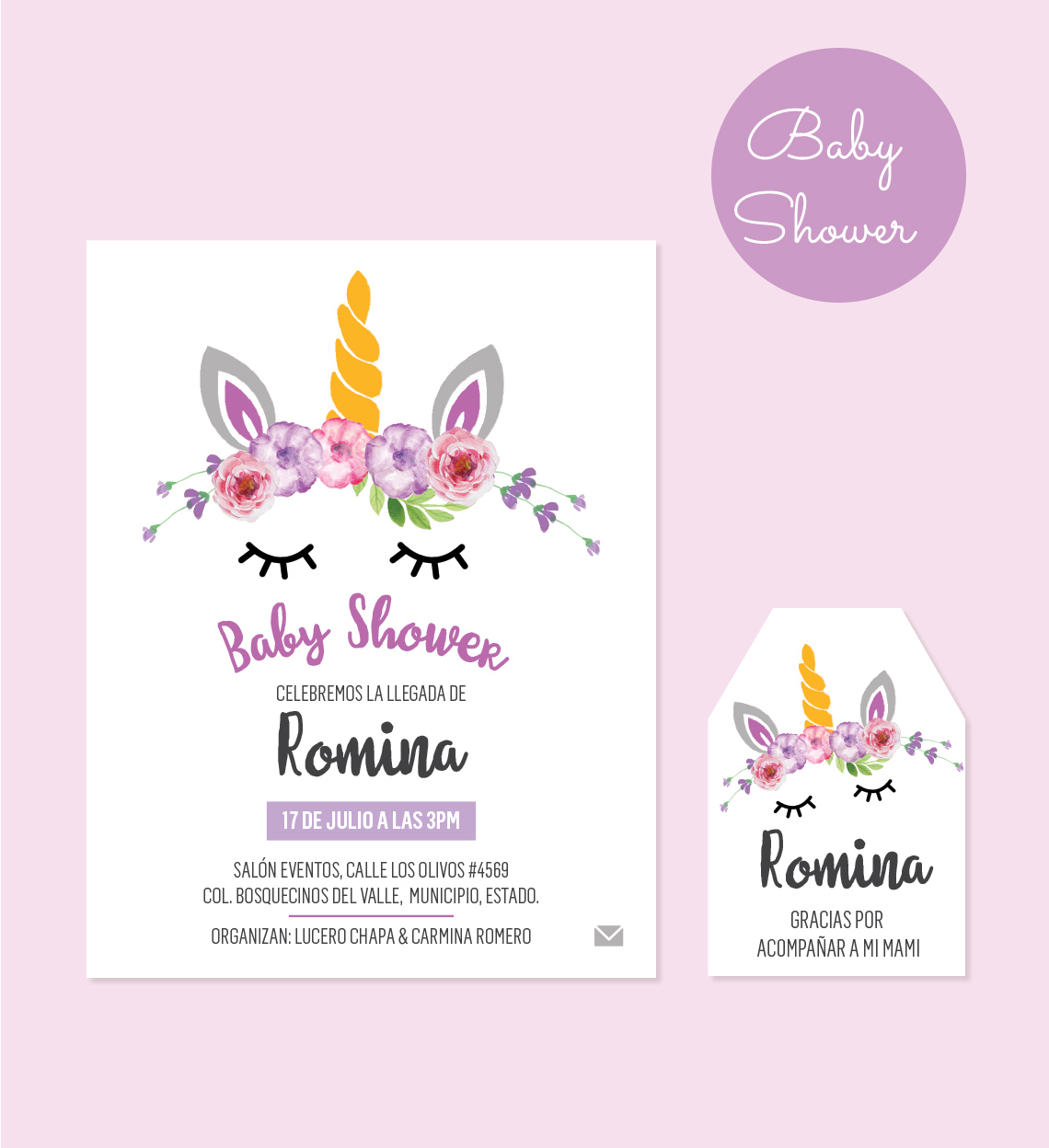 Dúo Diseño Baby Shower Unicornio Morado personalizada