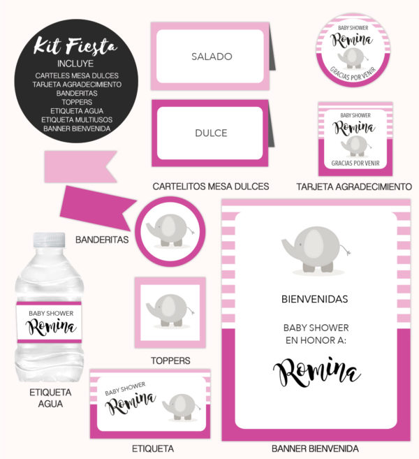Kit Completo Fiesta Baby Shower Elefante Rosa