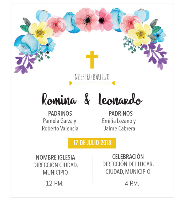 Diseño de Invitación Bautizo Flores Mixto