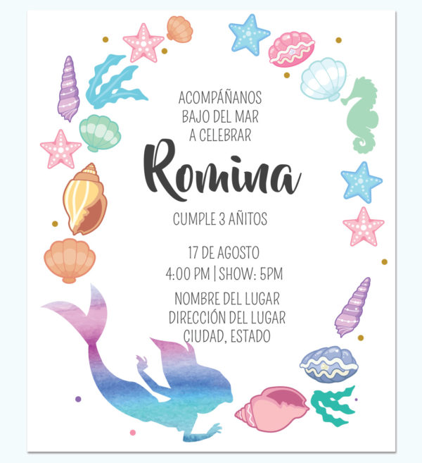 Invitación La Sirenita Colores