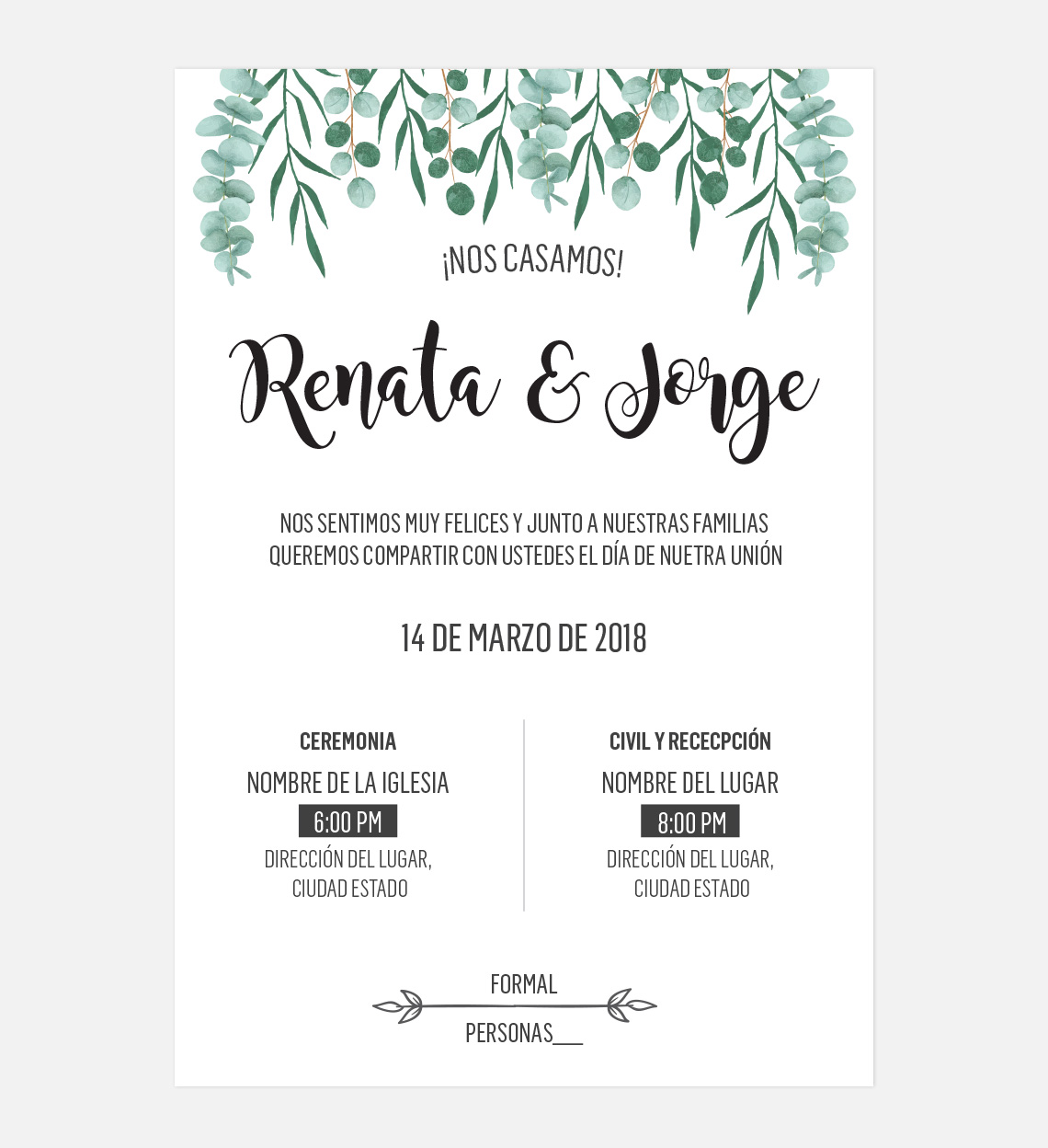 Diseño invitación Boda Hojas para