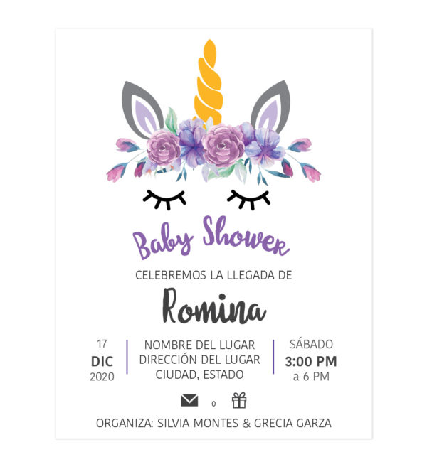 Diseño Invitación Baby Shower Unicornio Flores Morado