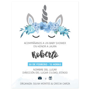 Diseño Invitación Baby Shower Unicornio Flores Azul