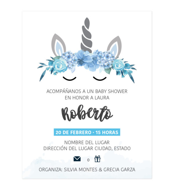 Diseño Invitación Baby Shower Unicornio Flores Azul