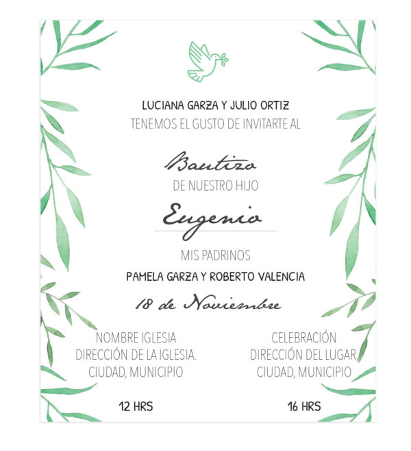 Invitación Bautizo Ave Hojas