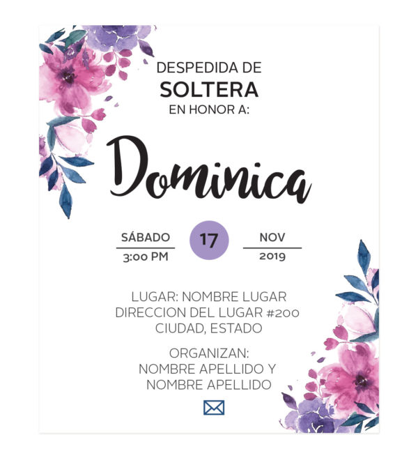 Invitación Despedida de Soltera Flores Moradas
