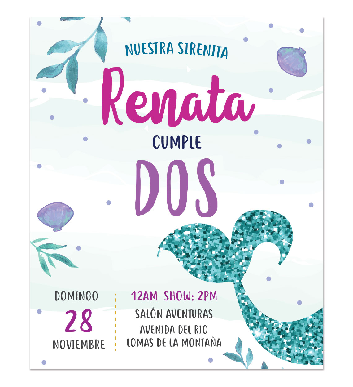 Invitación Cumpleaños Sirena Sparkle - Diseños personalizados