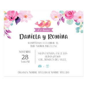 Invitación Baby Shower Gemelas Pájaros y Flores