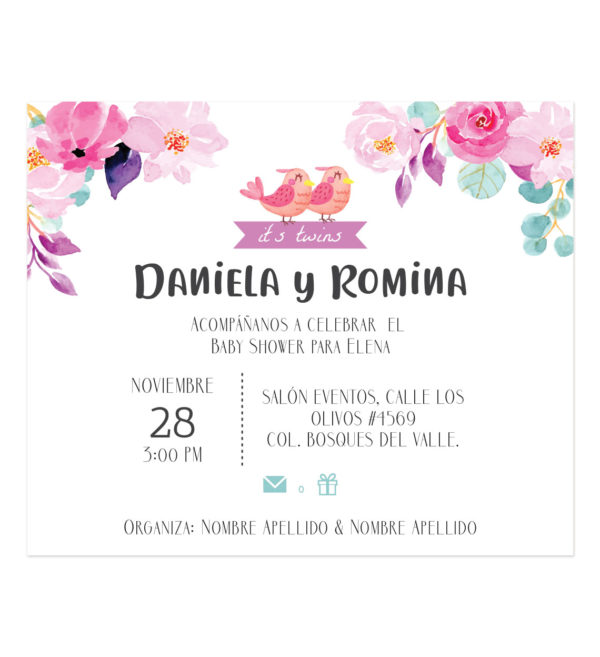 Invitación Baby Shower Gemelas Pájaros y Flores