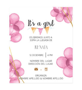 Invitación Baby Shower Globos Rosas