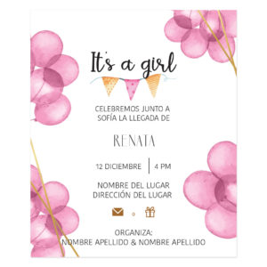 Invitación Baby Shower Globos Rosas