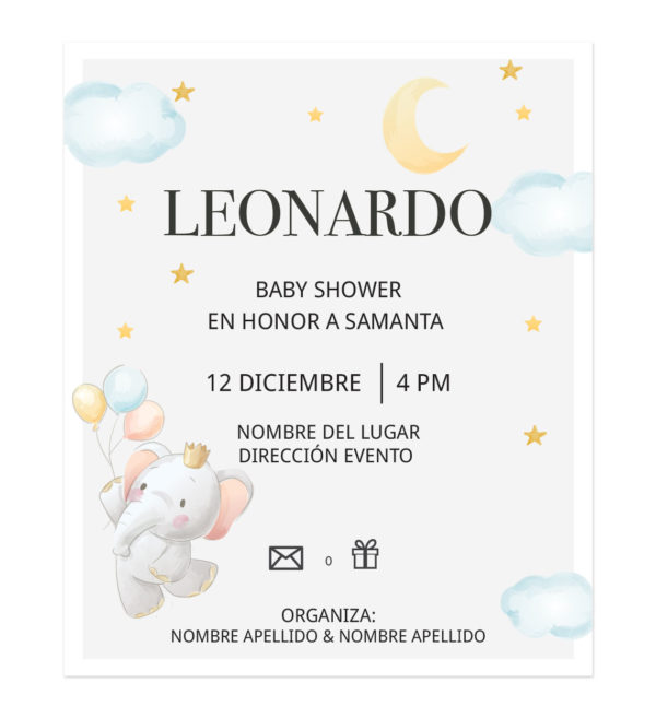 Invitación Baby Shower Elefante Globos Volando