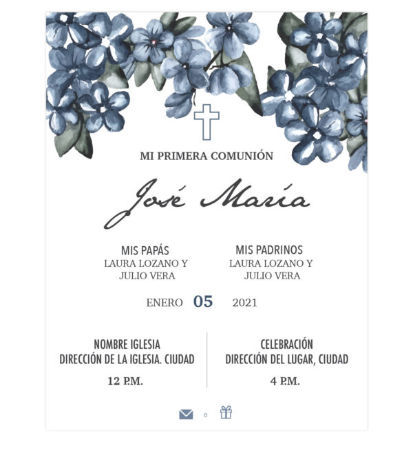 Invitación Primera Comunión Flores Cascada Azul