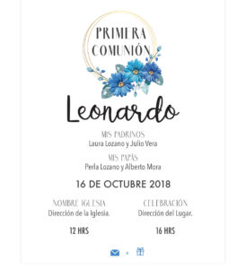 Invitación Primera Comunión Flores Aro Azul