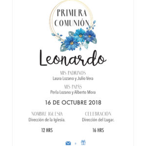 Invitación Primera Comunión Flores Aro Azul