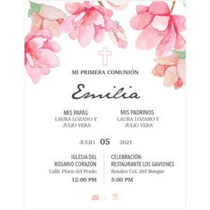 Invitación Primera Comunión Flores Rosa