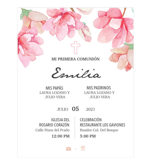 Invitación Primera Comunión Flores Rosa