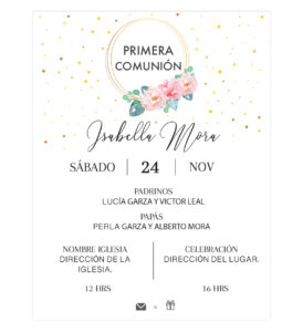 Invitación Primera Comunión Flores Aro Rosa