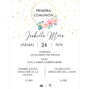 Invitación Primera Comunión Flores Aro Rosa