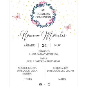 Invitación Primera Comunión Flores Aro Mariposas