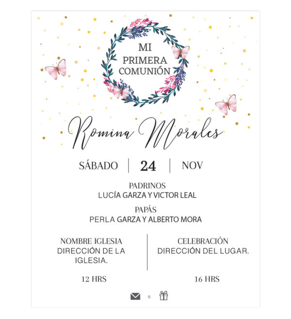 Invitación Primera Comunión Flores Aro Mariposas