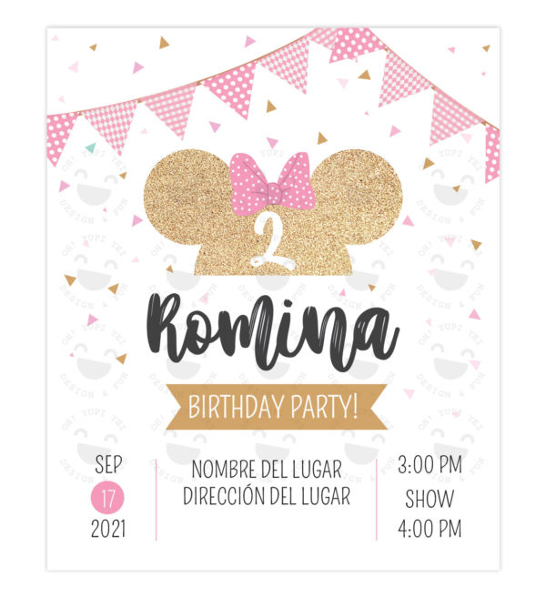 Invitación Minnie Glitter Bow Rosa