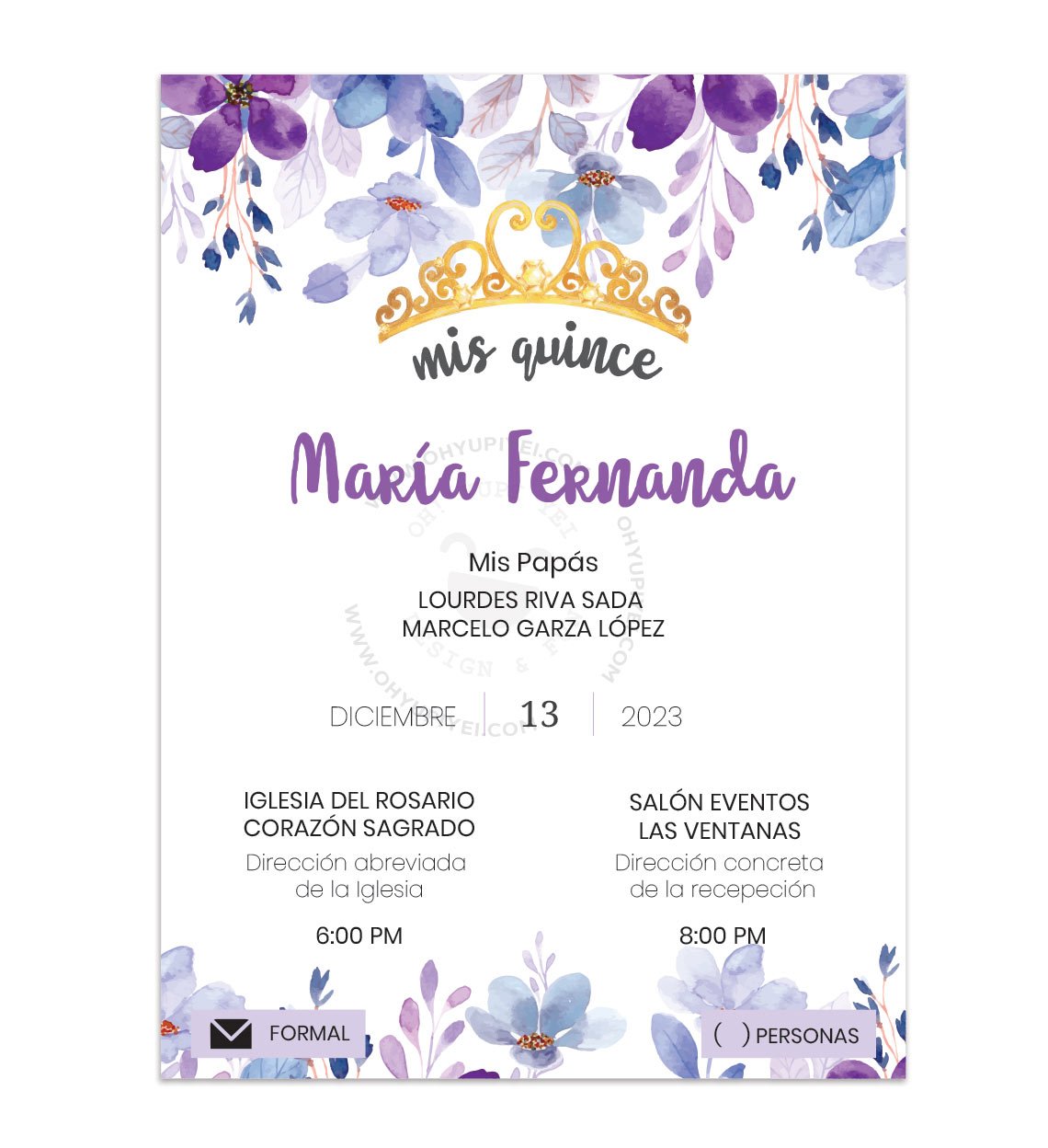 Invitación Quince Años Flores y Corona - Invitaciones Digitales