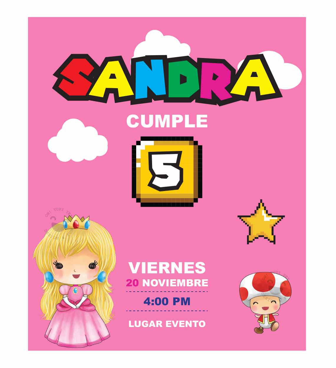 Invitación Cumpleaños Peach. Diseños Digitales.