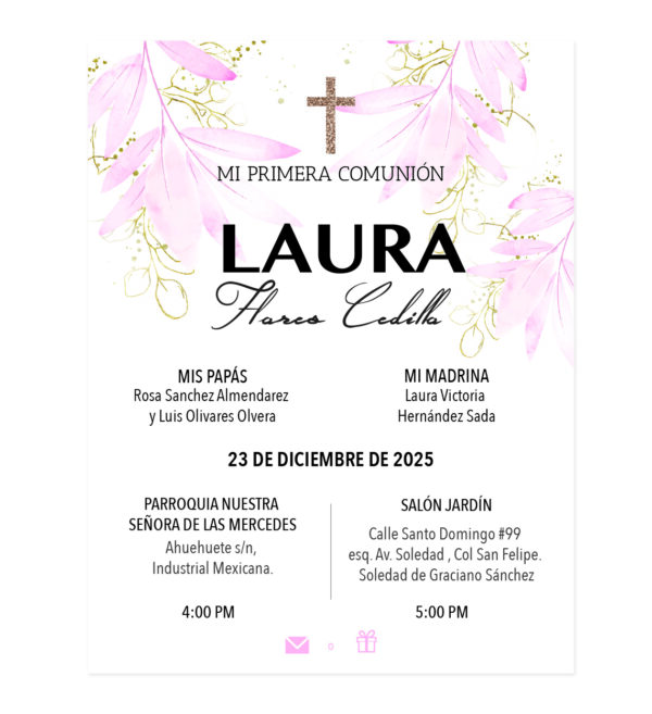 Invitación Primera Comunión Cascada Rosa