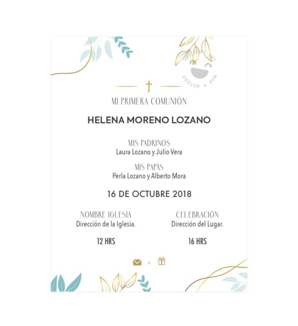 Invitación Primera Comunión Hilos Dorados