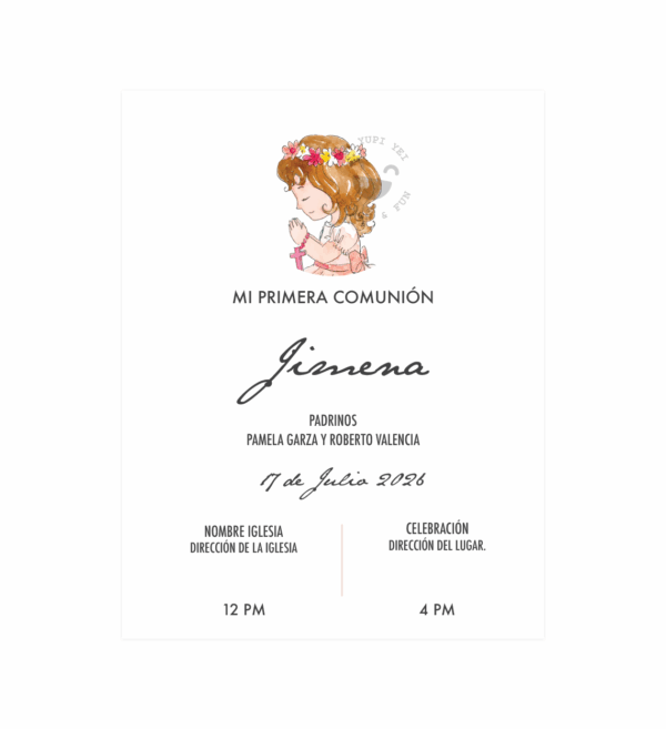 Invitación Primera Comunión Dibujo Nina Corona
