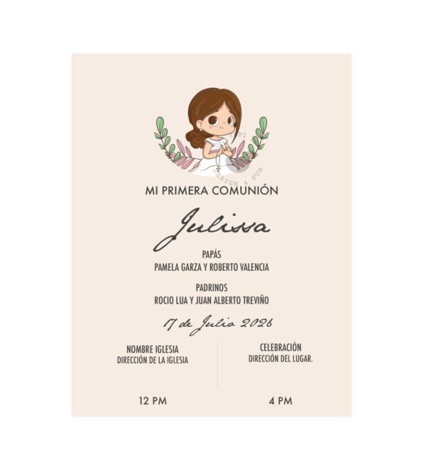 Invitación Primera Comunión Dibujo Niña